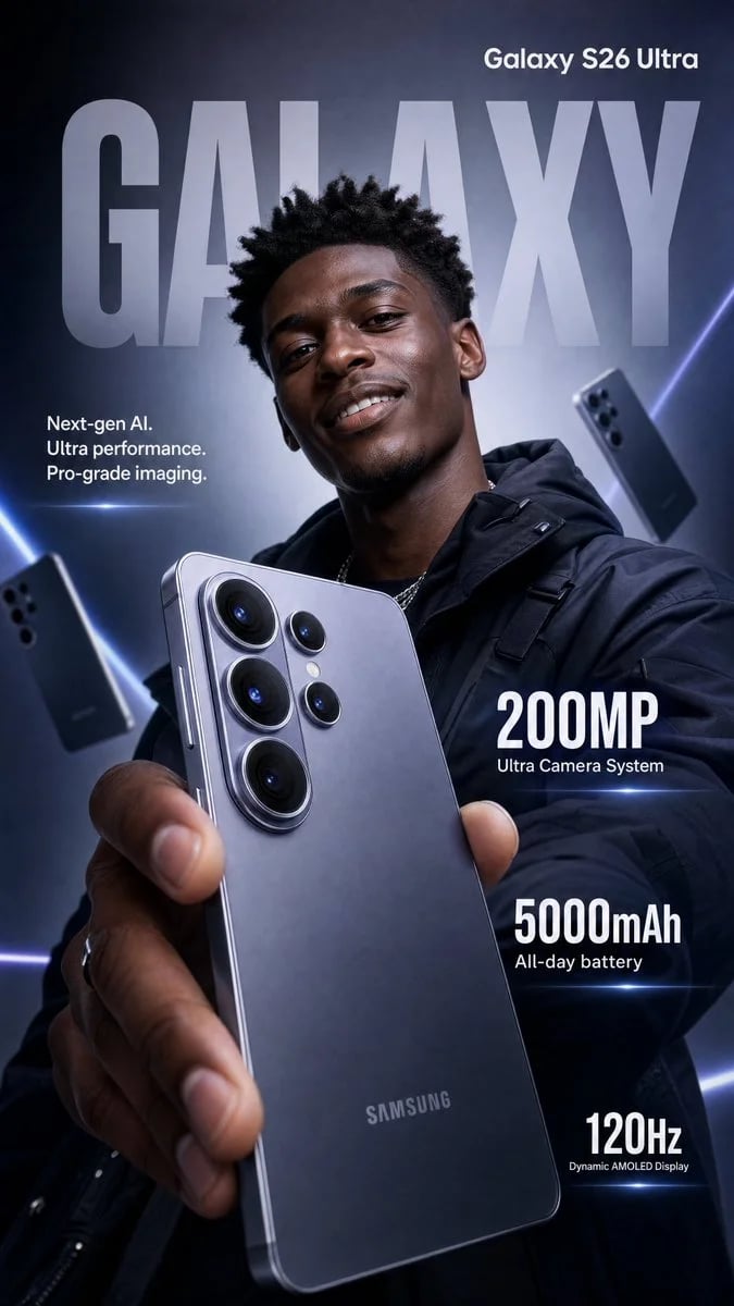 Samsung Galaxy S26 Ultra commercial infographic prompt