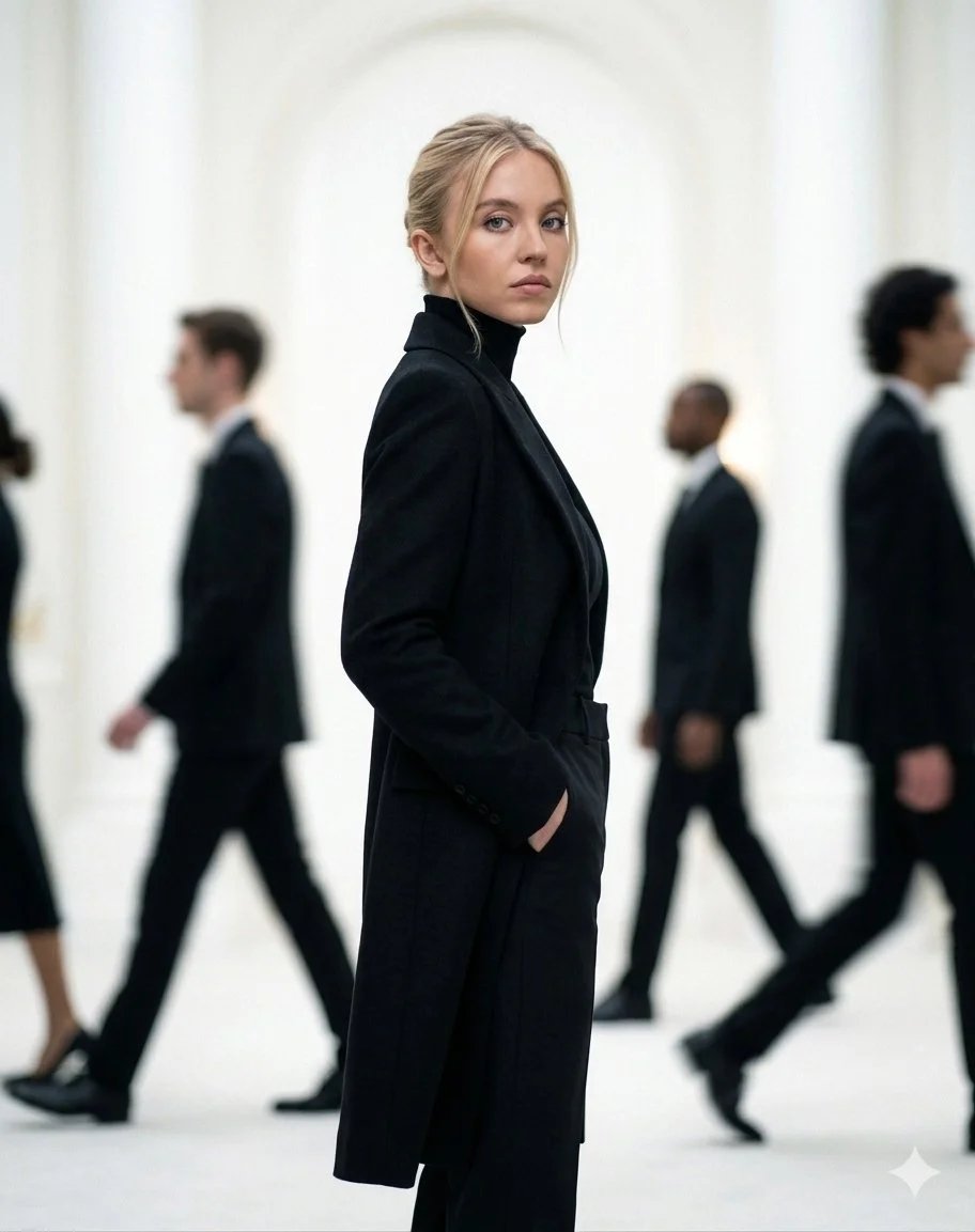 Cinematic high-fashion portrait with motion-blurred crowd