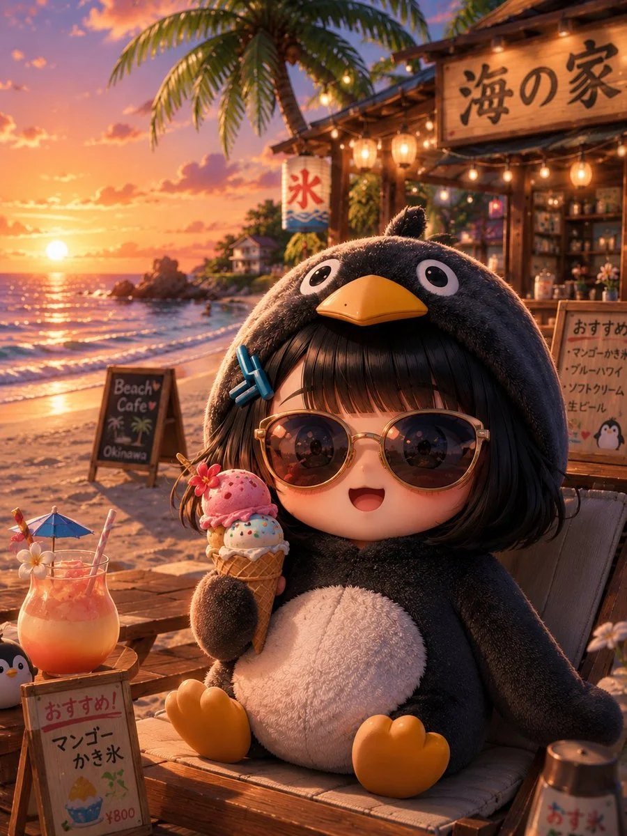 Chibi Anime Girl in Penguin Hoodie at Sunset Beach