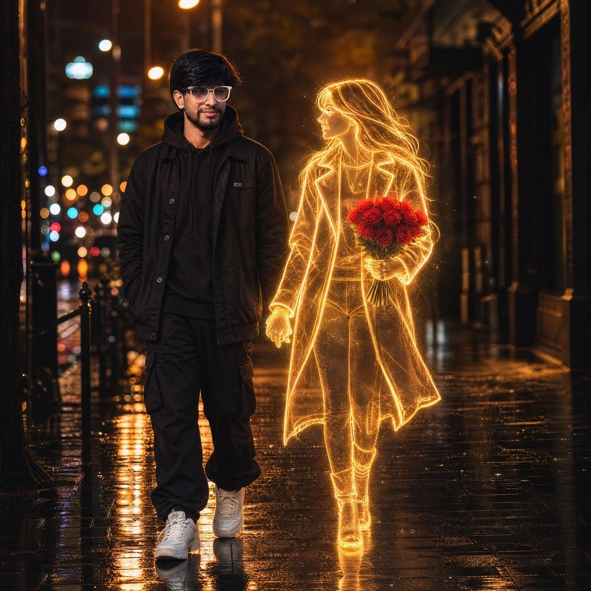 Cinematic Night Walk with a Glowing Holographic Woman