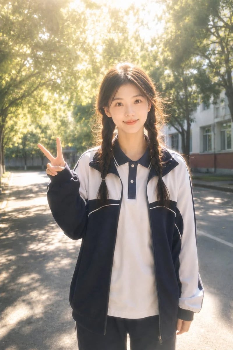 Dreamy student-style campus portrait in sunny tree-lined school setting