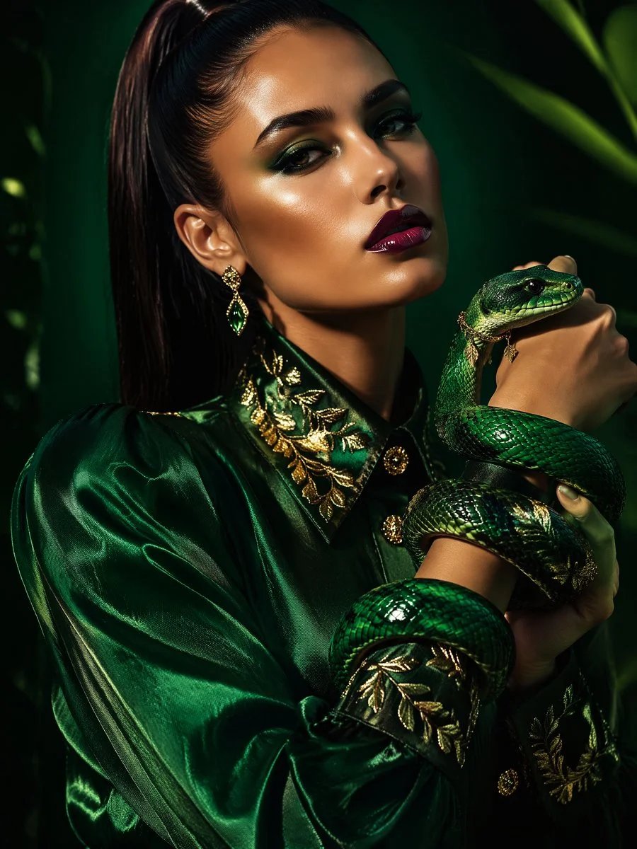 Gucci-Inspired Fashion Portrait with Emerald Baby Serpent