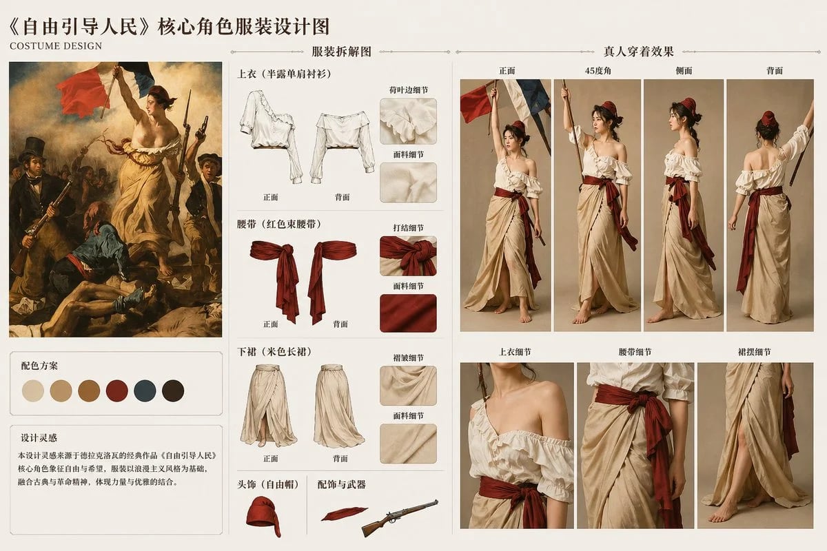 GPT-Image-2 拆解《自由引导人民》角色穿搭生成服装设计图