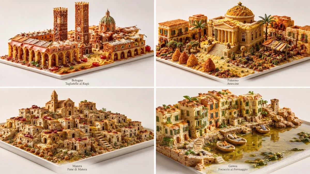 Italy cities as edible landmark dioramas