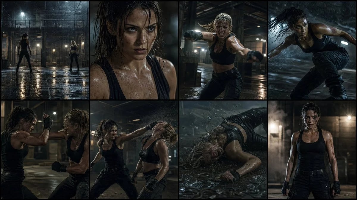8-Panel Cinematic Female Fight Storyboard