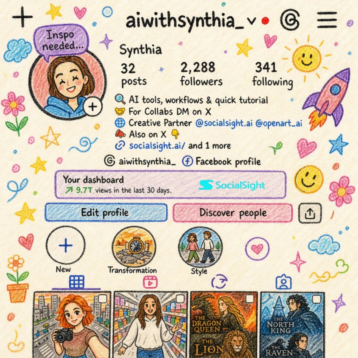 Crayon-style Instagram profile page