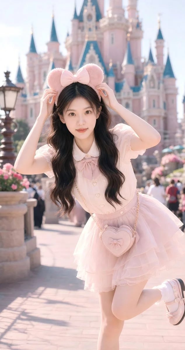 Cute fairytale theme-park portrait in front of a pink castle
