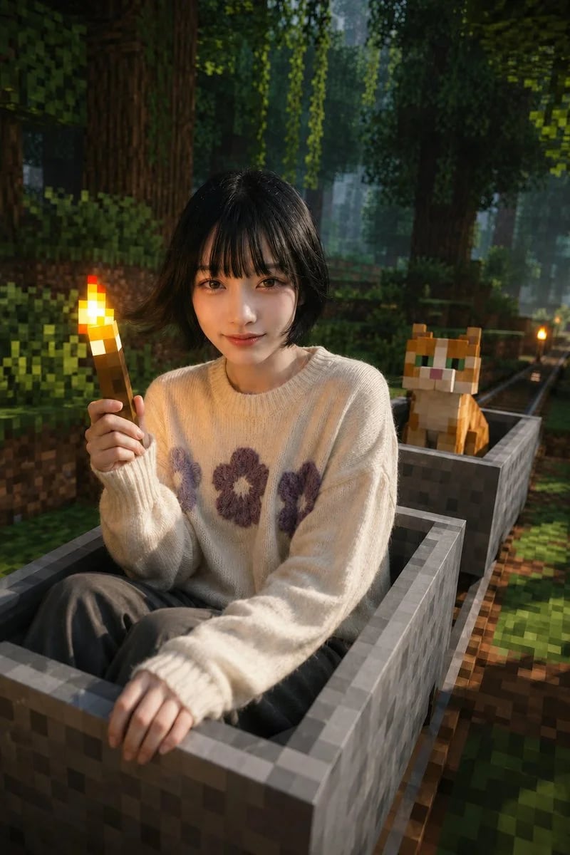 Photorealistic Woman on Minecraft Rooftop Aerial Parody