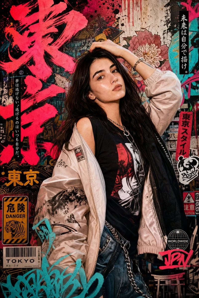 Japanese Graffiti Street-Fashion Portrait Poster