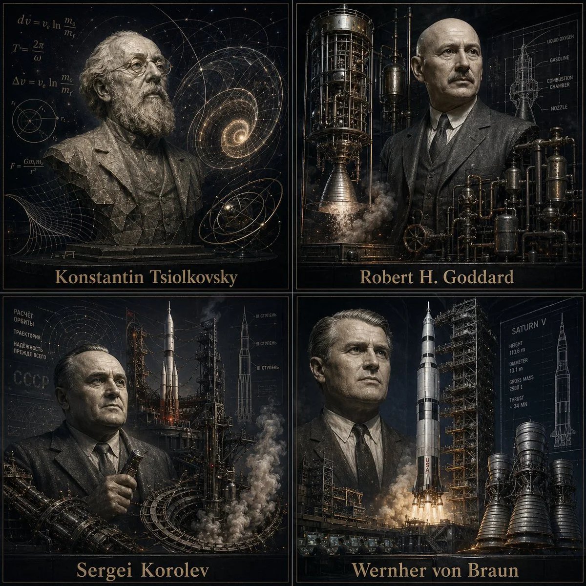 GPT Image 2 prompt for a procedural 2x2 grid of famous rocket scientists