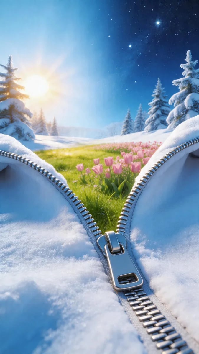 Spring-themed split scene with lightning clasp and winter town