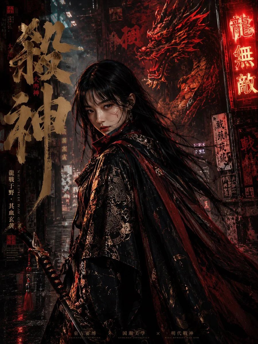 GPT Image 2 新中式国潮明代杀神赛博街头电影海报