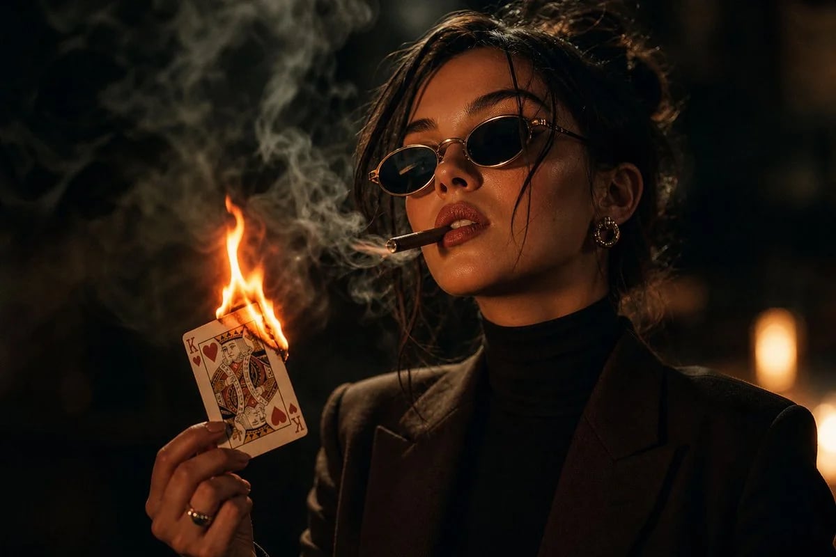 Cinematic noir portrait with cigar and burning playing card