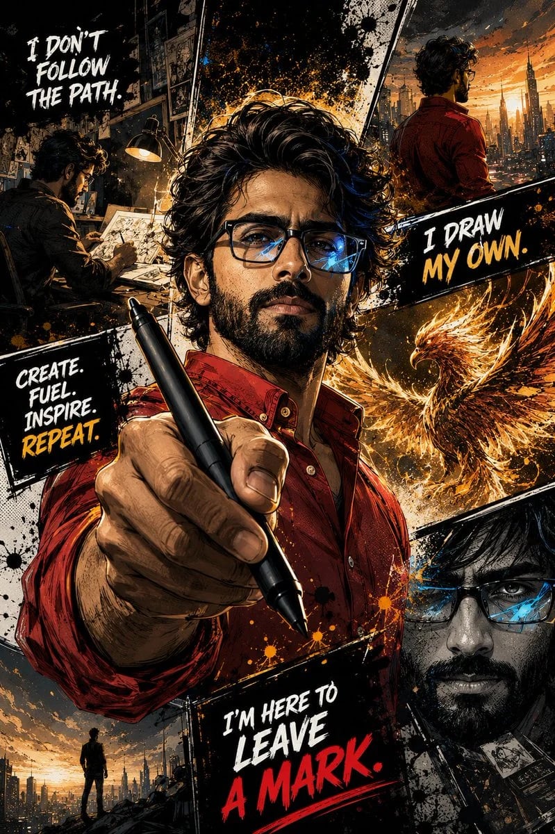 Cinematic Comic-Book Portrait of a Visionary South Asian Creator