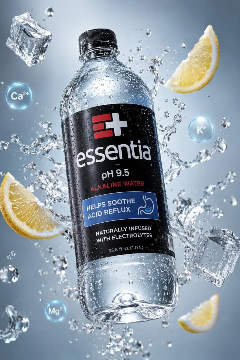 Ultra-realistic Essentia alkaline water commercial product shot