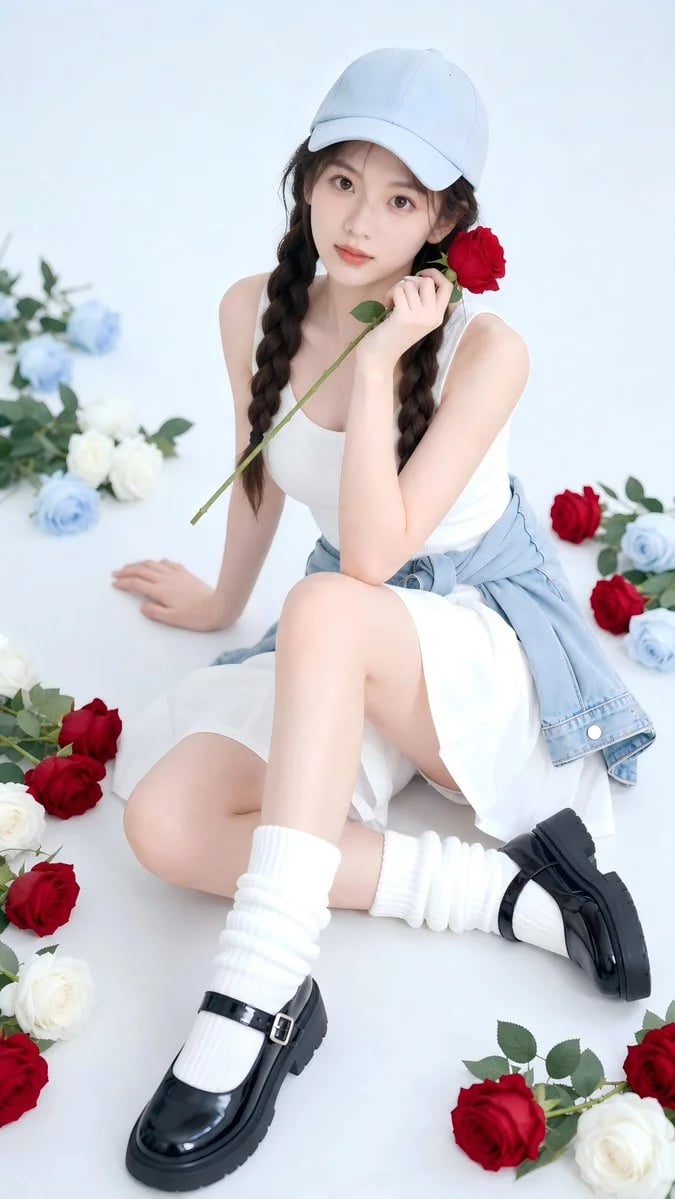High-Key Studio Portrait with Powder-Blue Cap and Red Roses