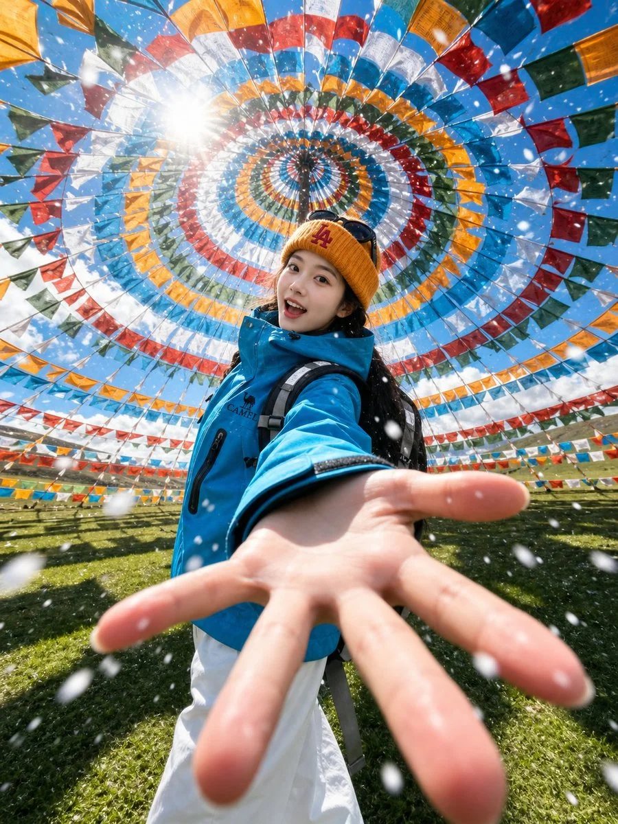 Wide-angle Tibetan highland travel selfie style