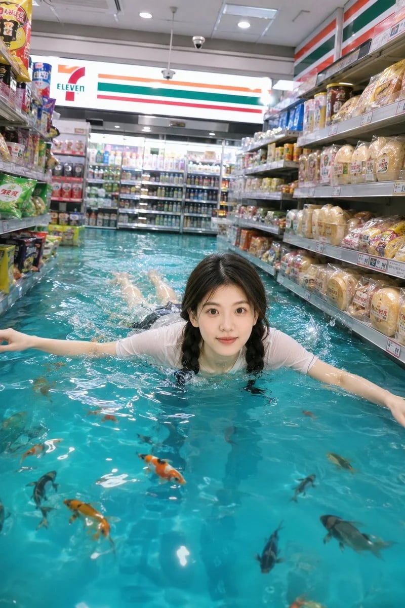 Surreal flooded 7-Eleven swimming portrait