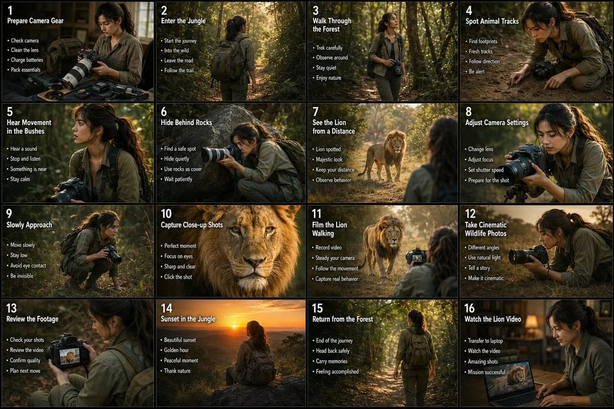 Cinematic 16-Panel Wildlife Photographer Storyboard
