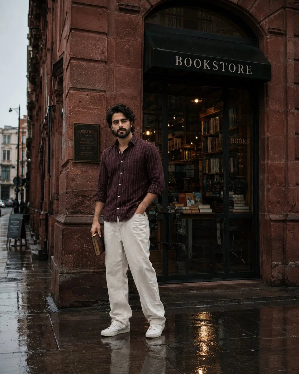 Realistic Street Portrait Outside a Bookstore