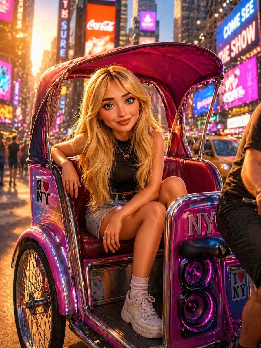 Sabrina Carpenter as a 3D animated character in a Times Square pedicab