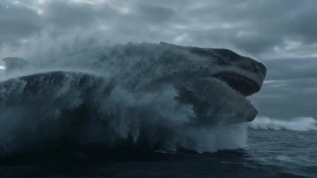 Cinematic action shot of a colossal sea creature charging toward shore