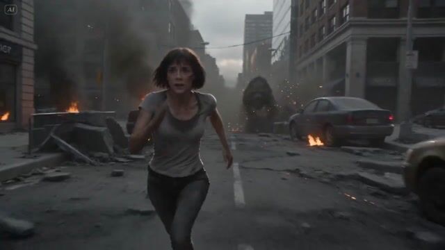 FPV tracking shot of woman chased by giant creature through collapsing city