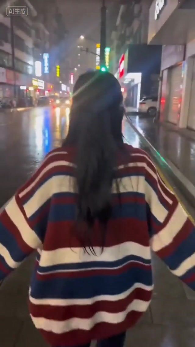 雨夜霓虹街头的手持手机 vlog 少女回眸视频