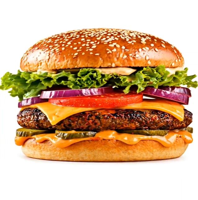 Gourmet cheeseburger product ad and exploded infographic