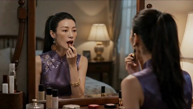 复古港风卧室中猫咪偷亲女主人蹭花口红的分镜视频