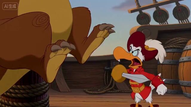 Retro Disney-style bird pirates interrogate a captured dragon