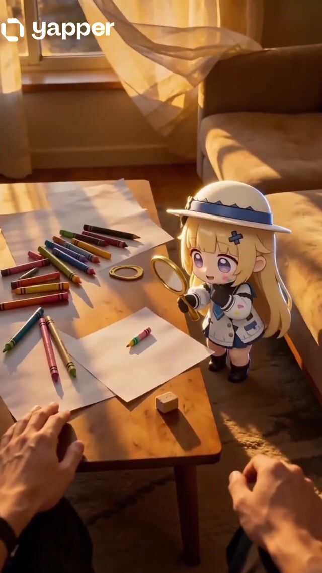 Phoebe Chibi twirls while sketching floating hearts