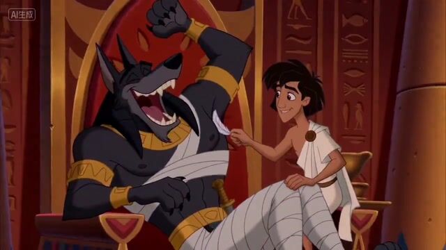 Anubis Tickling Scene in a 90s Disney Animation Style