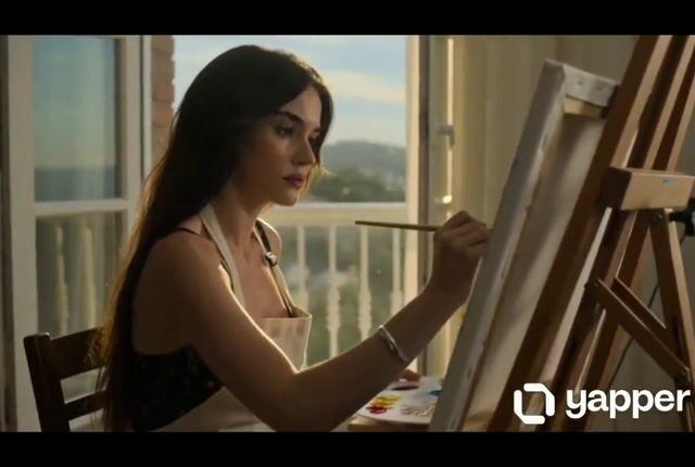 Young girl pauses over unfinished painting