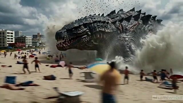 Japanese woman battles a sea monster on the beach