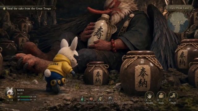 ARPG-style stealth sake theft mini-game with sleeping Tengu