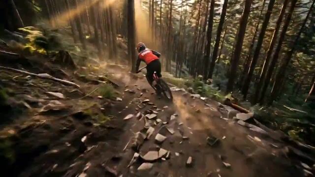 Female mountain biker racing through a pine forest