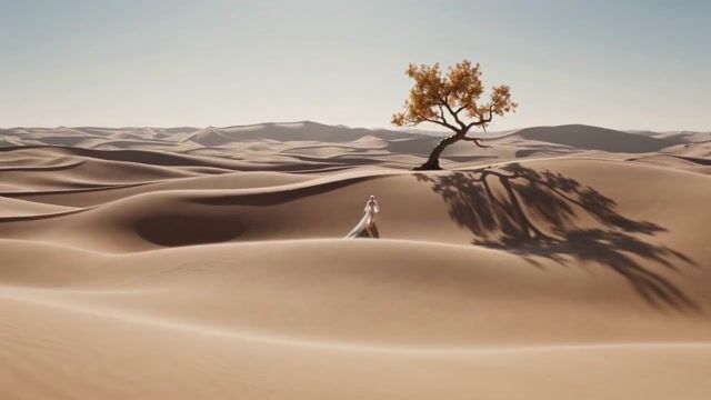 Dreamlike Glowing Figure Crossing a Surreal Desert
