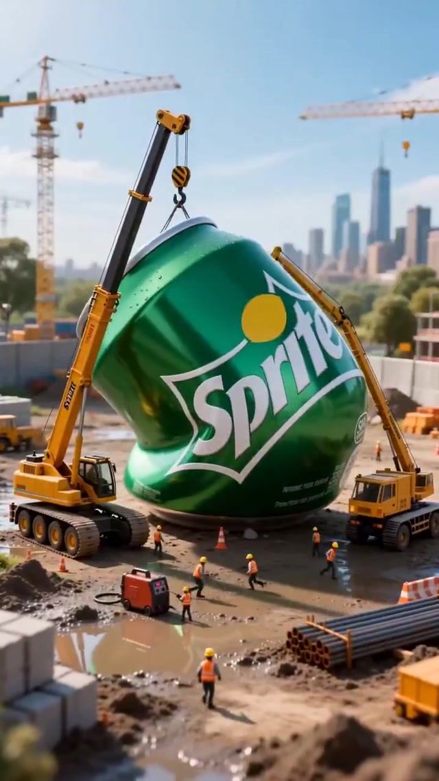 Miniature Workers Build a Giant Sprite Can House