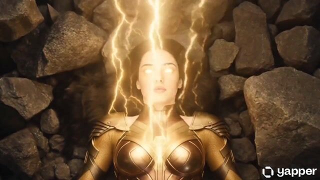 Golden Armored Woman Ascends Through Lightning into Space
