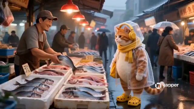 Orange Tabby Cat’s Rainy Japanese Street Food Journey