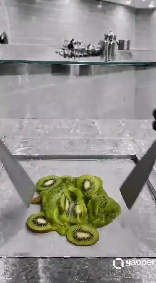 ASMR kiwi ice cream rolls on a frozen pan