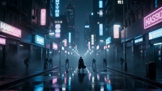 Cybernetic gunslinger in neon rain action sequence
