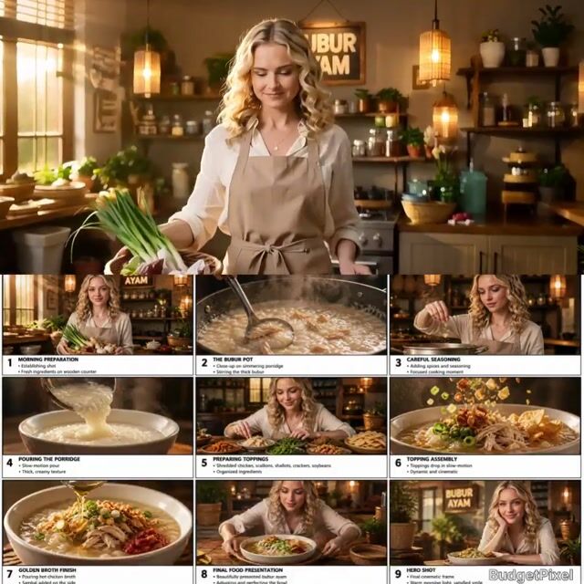 Cinematic Bubur Ayam Cook-With-Me 9-Panel Video Prompt