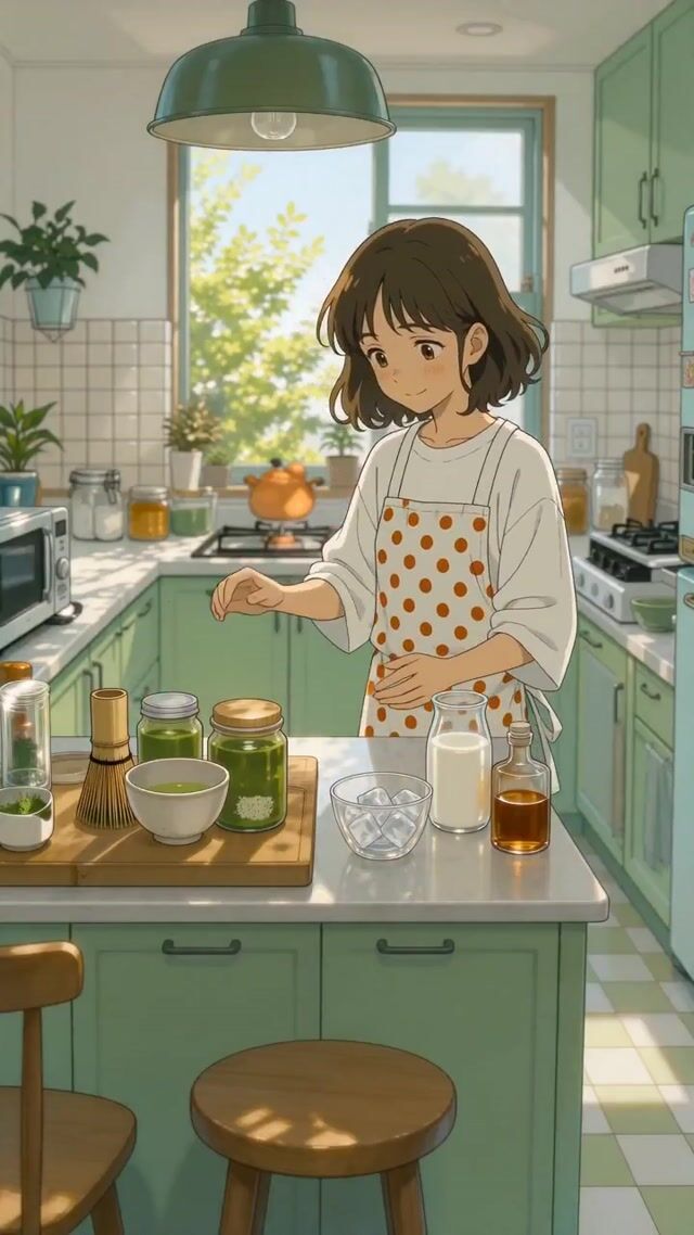 Same anime girl making an iced matcha latte from a storyboard reference