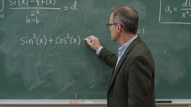 AI-Generated Professor Explaining Trigonometric Proof on Chalkboard