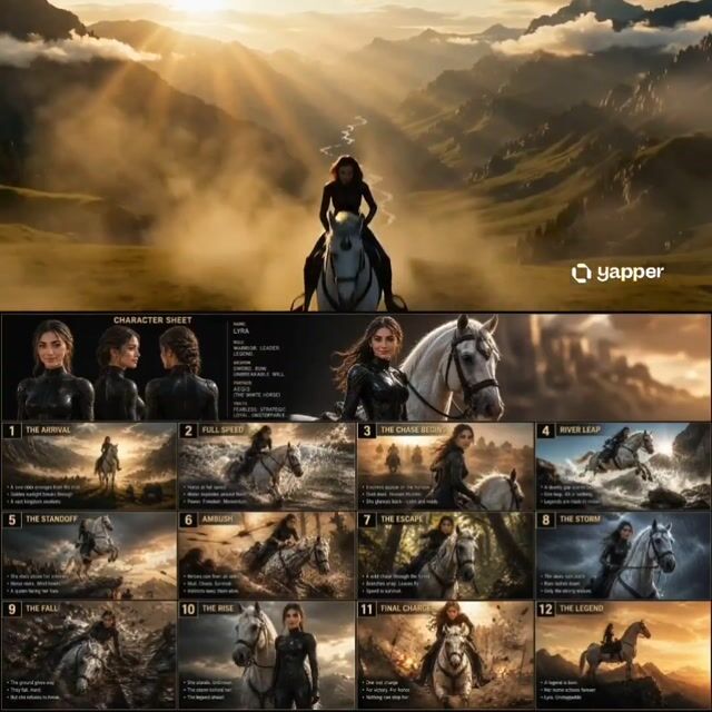 Cinematic action-fantasy trailer of a woman riding a white horse