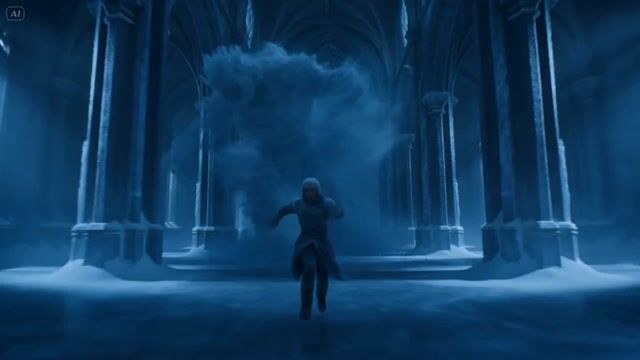 Archivist chased by ice entity through a frozen cathedral