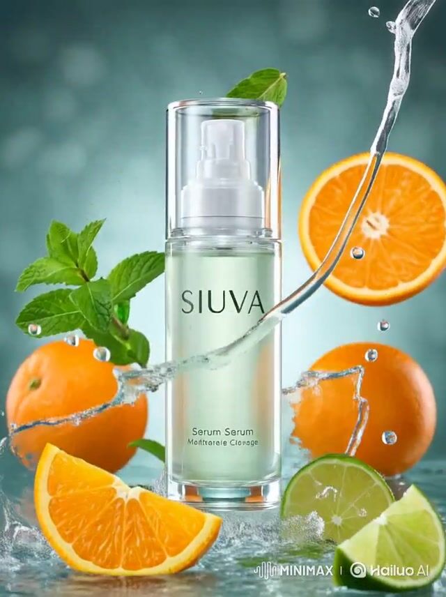 Cinematic SIUVA skincare serum ad with water splashes and citrus