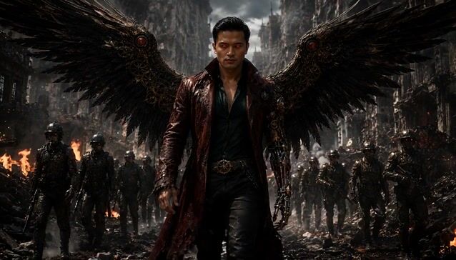 Dark Fantasy Fallen-Angel Warrior with Mechanical Wings
